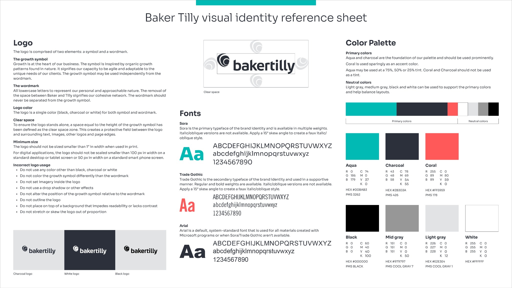 Baker Tilly visual identity reference sheet showing logo, typography, and color standards