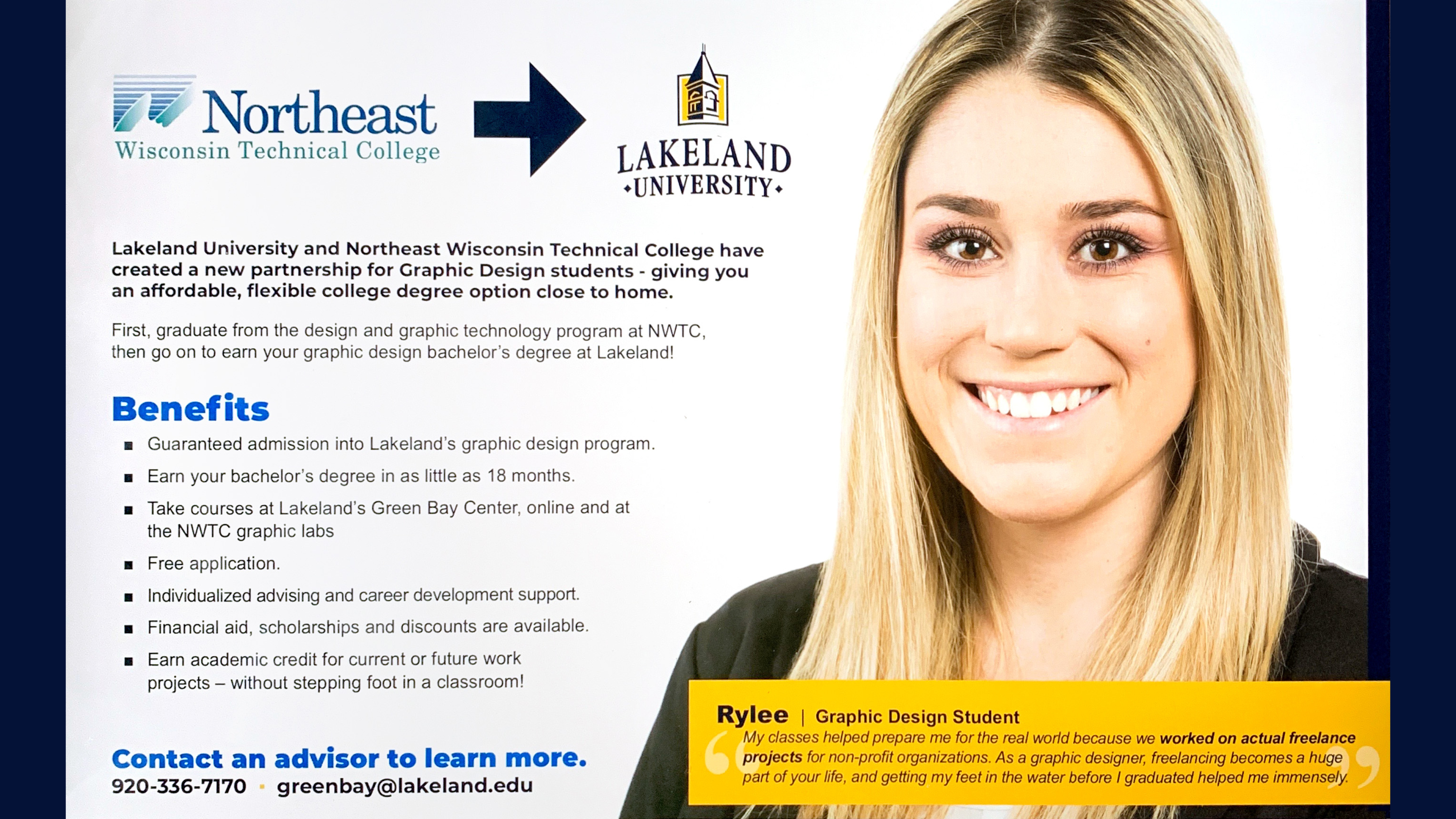 Northeast Wisconsin Technical College and Lakeland University recruitment piece describing the graphic design bachelor’s completion pathway and student benefits