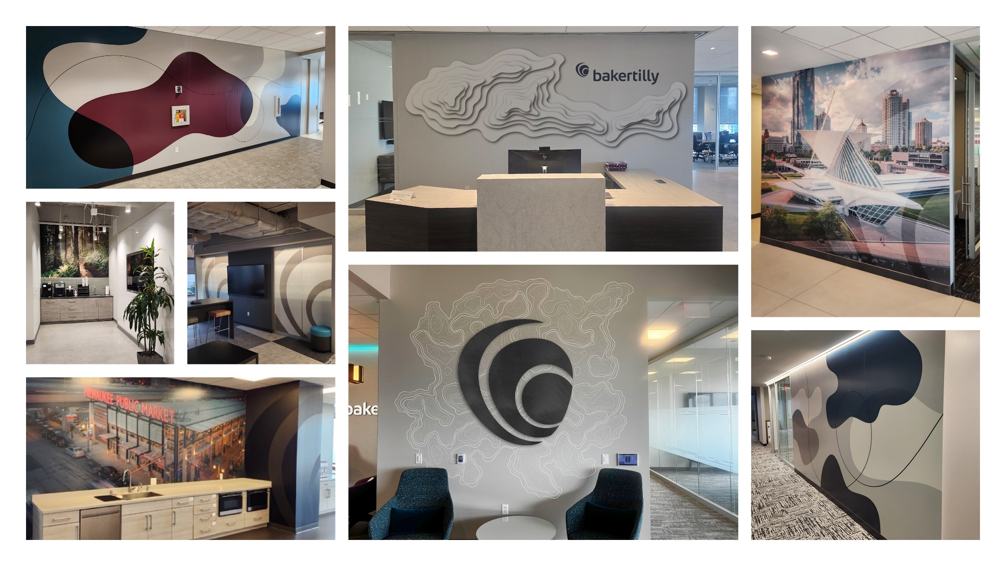 Collage of Baker Tilly office installations featuring murals, dimensional logos, local imagery, and branded environmental graphics