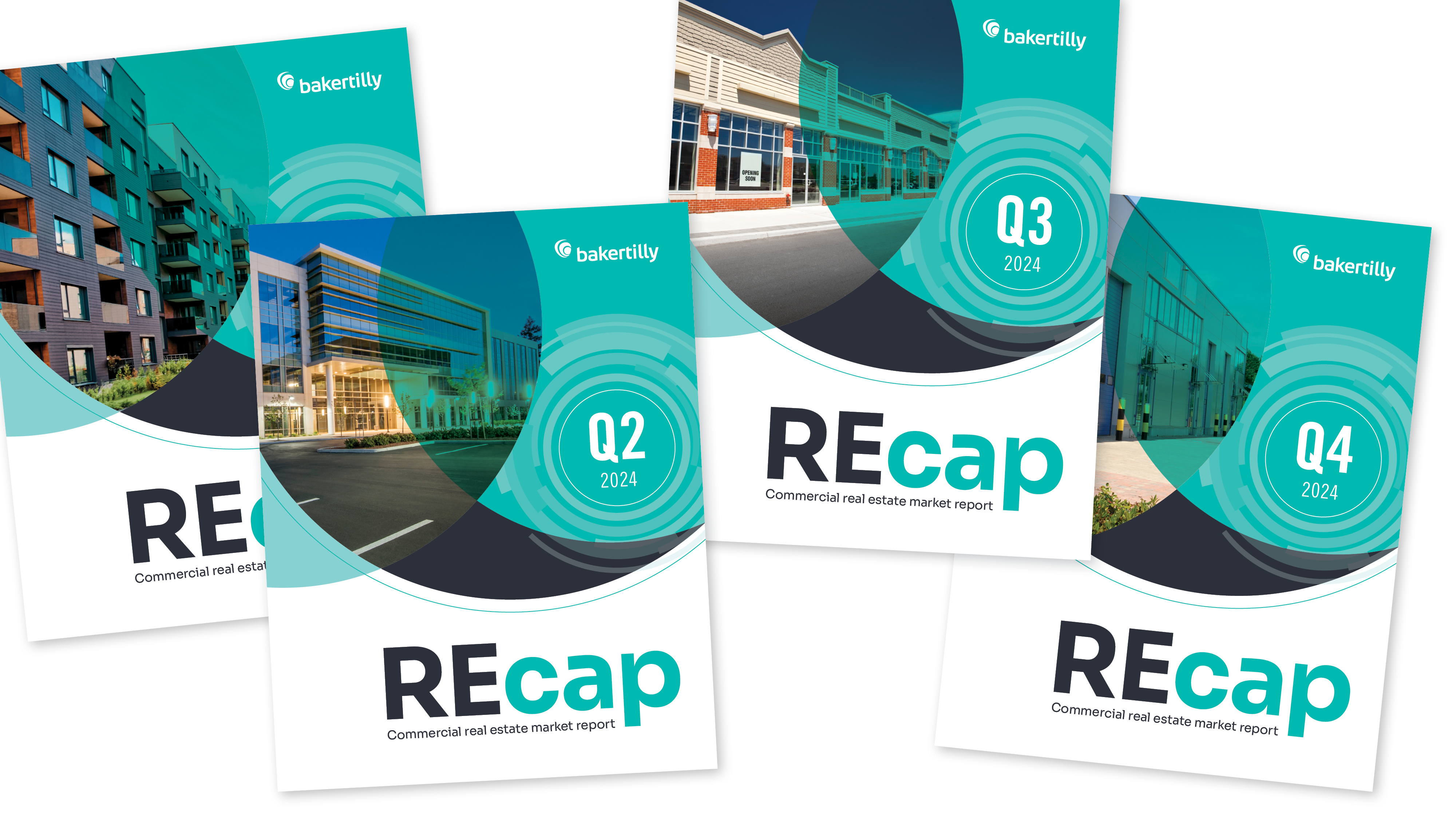 Four quarterly REcap report covers featuring multifamily, office, retail, and industrial properties