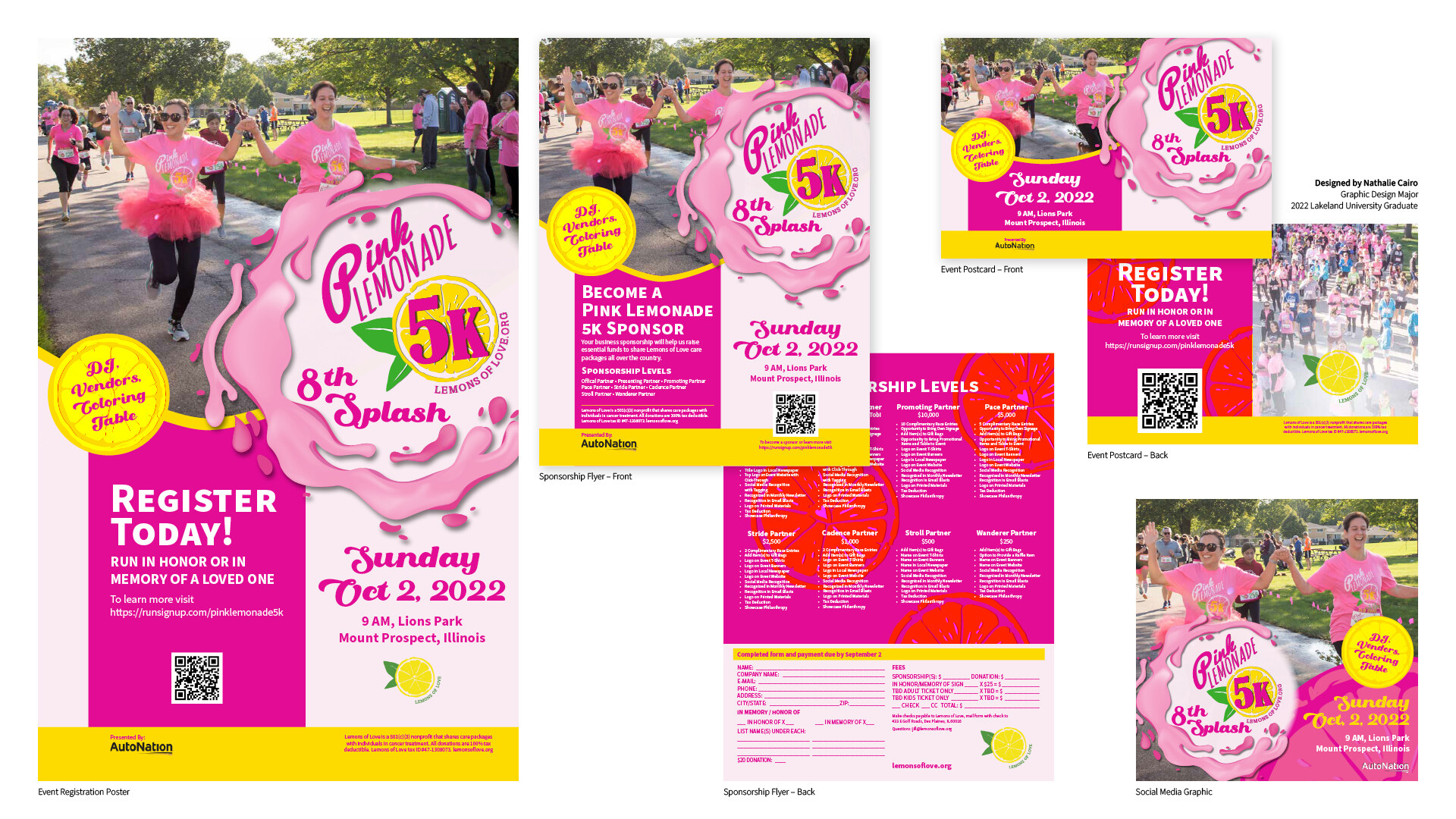 Pink Lemonade 5K campaign system across poster, flyer, postcard, and social media formats
