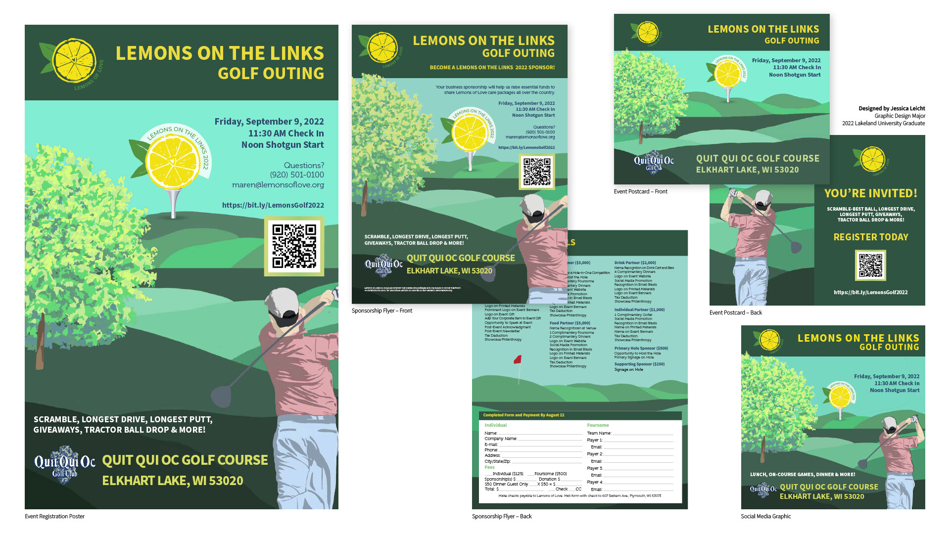 Lemons on the Links golf outing campaign system across poster, flyer, postcard, and social media formats
