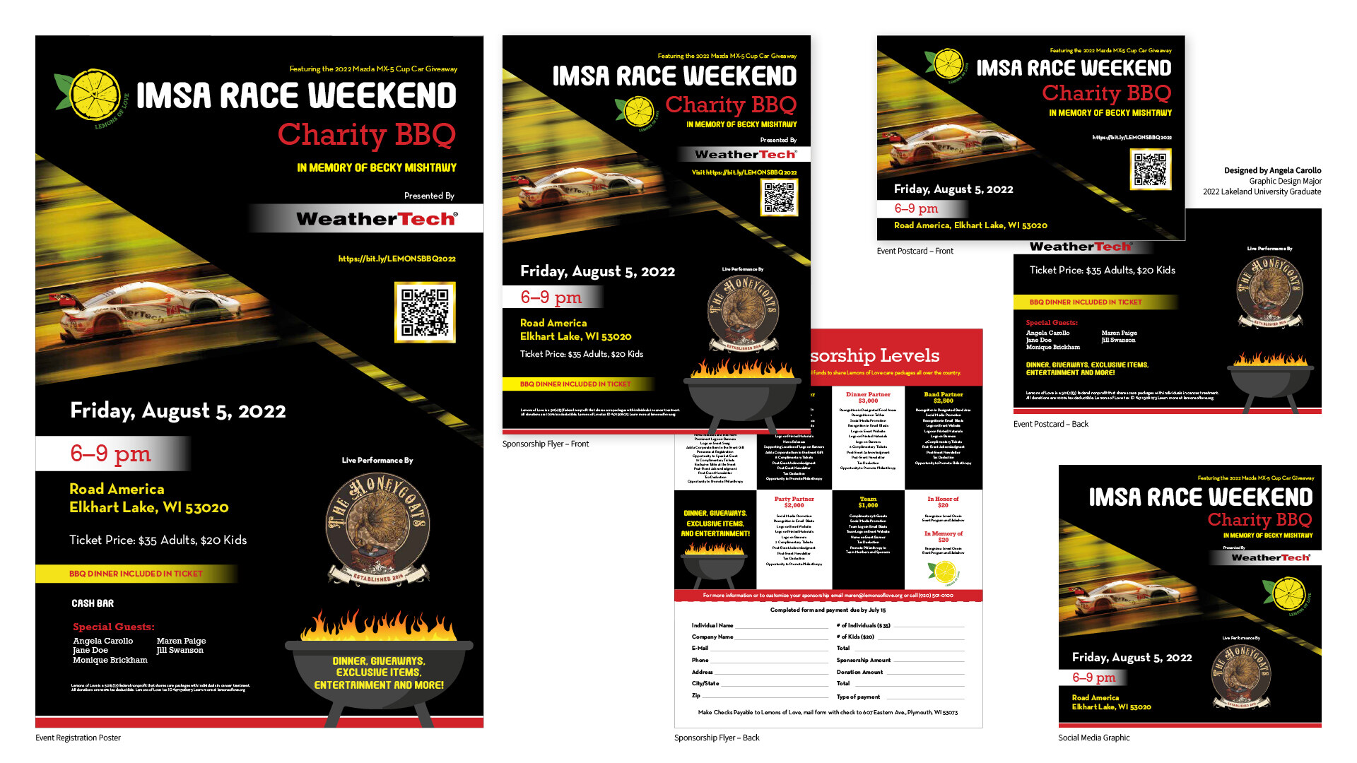 IMSA Race Weekend Charity BBQ campaign system across poster, flyer, postcard, and social media formats