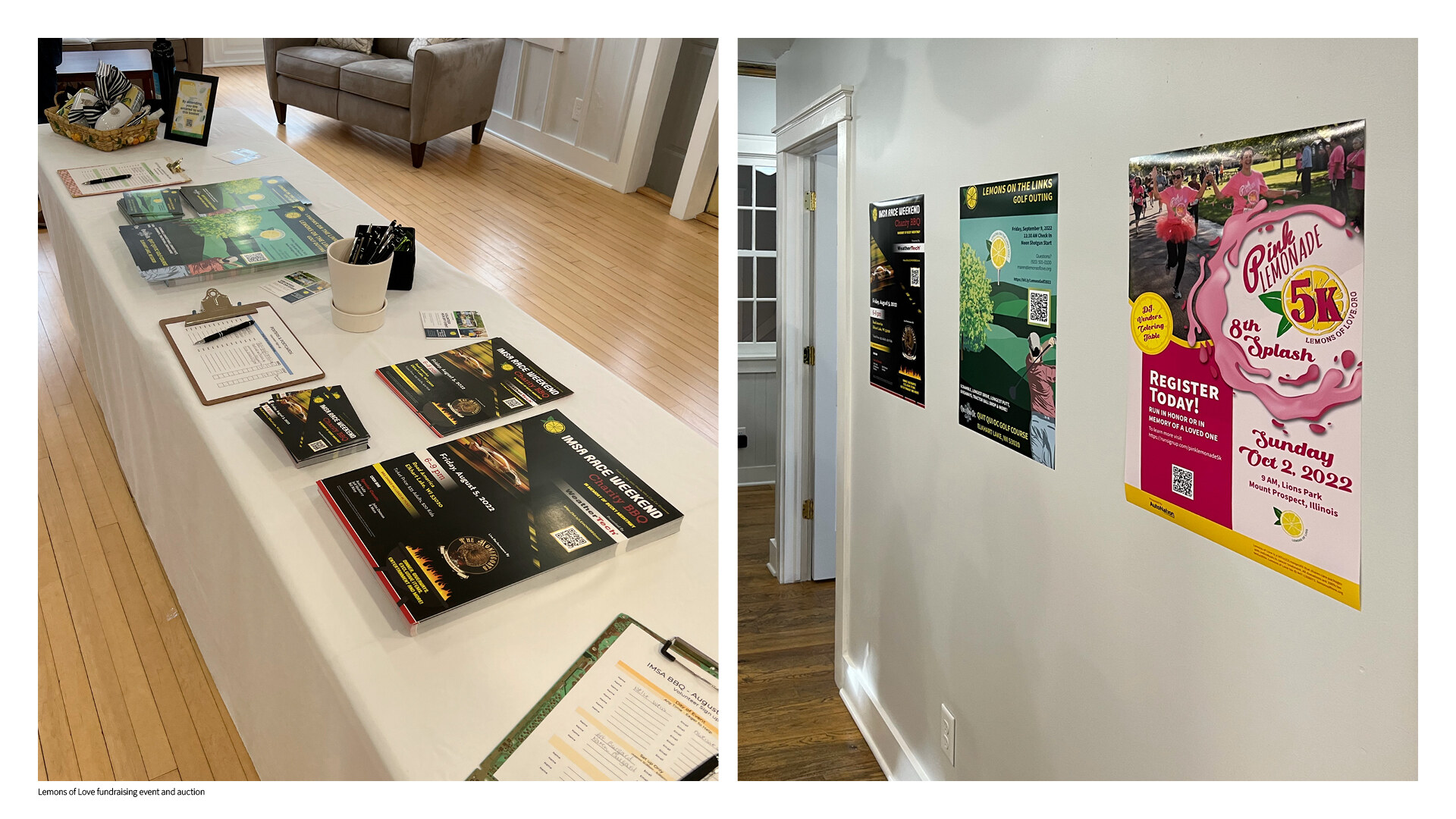 Printed campaign materials displayed at a Lemons of Love fundraising event