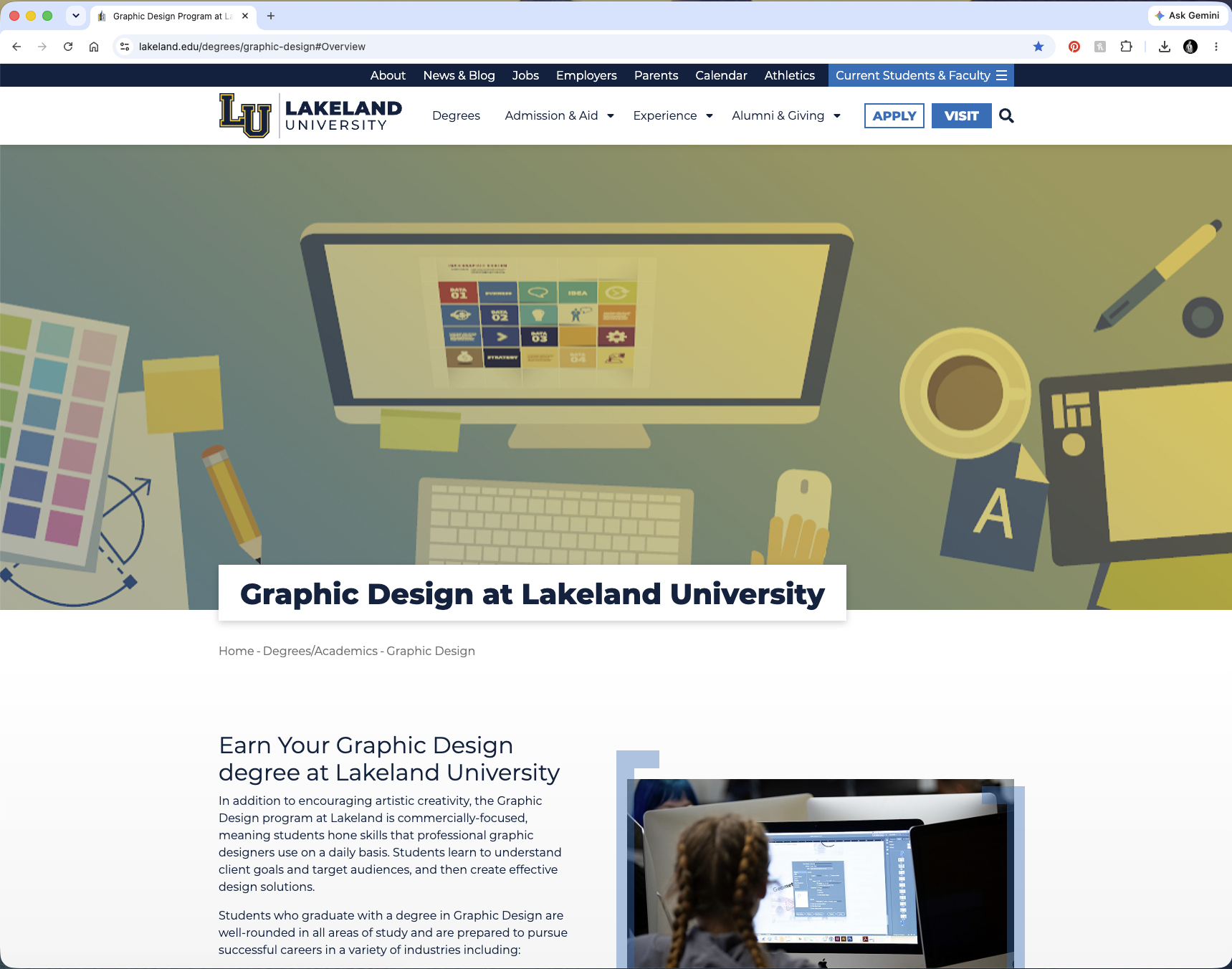 Screenshot of the Graphic Design program webpage at Lakeland University